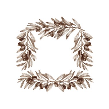 Zeytin dalları kalemle çizilmiş ve beyaz bir arkaplanda izole edilmiş bir çerçeve. Davet için çerçeve, tebrik kartları, paketleme tasarımı, posterler ve daha fazlası.