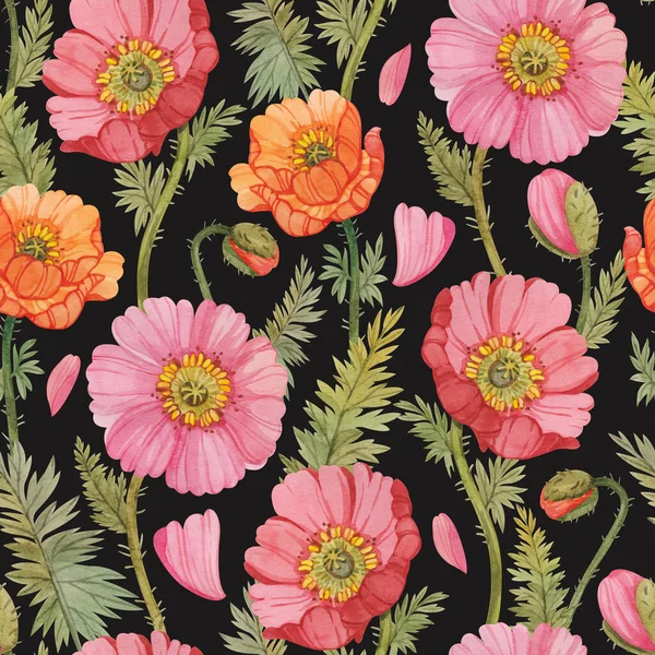 Seamless pattern with colorful watercolor poppies. Floral print with poppies on a black background.