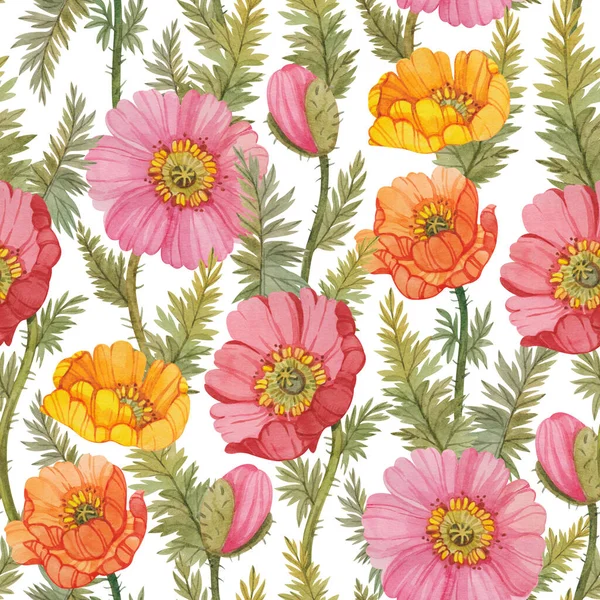 Seamless Pattern Colorful Watercolor Poppies Botanical Print Yellow Pink Red — Stock Photo, Image