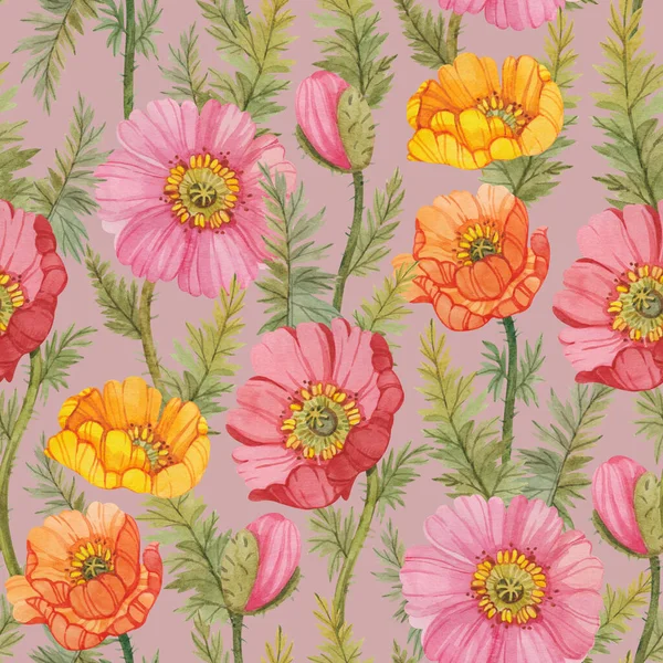 Seamless Pattern Colorful Watercolor Poppies Botanical Print Yellow Pink Red Royaltyfria Stockfoton