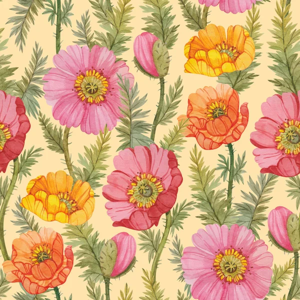 Seamless Floral Pattern Hand Drawn Watercolor Poppy Flowers Leaves Botanical Royaltyfria Stockbilder