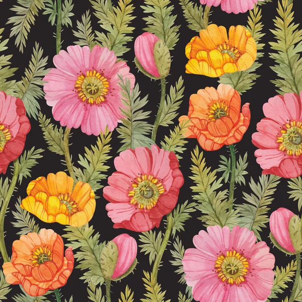 Бесшовный Цветочный Узор Нарисованными Вручную Акварельными Цветами Мака Листьями Ботанический Стоковое Фото