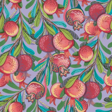 Seamless pattern with stylized decorative branches with hand-drawn gouache pomegranates.