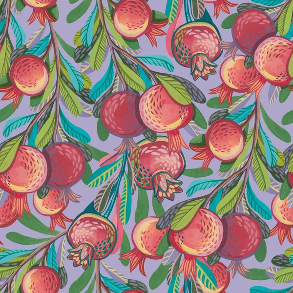 Seamless Pattern Stylized Decorative Branches Hand Drawn Gouache Pomegranates — Stockfoto