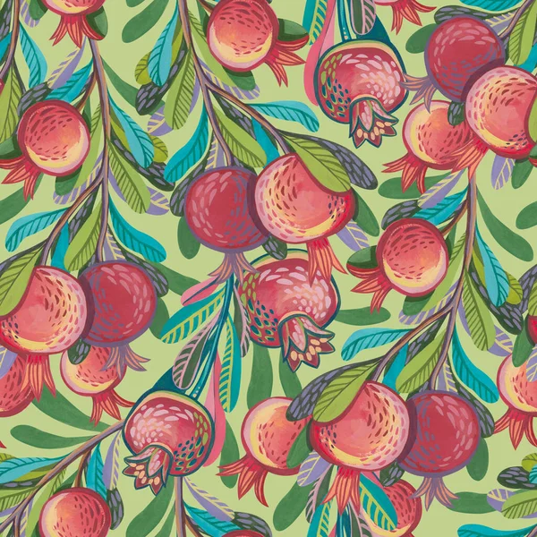 Seamless Pattern Stylized Decorative Branches Hand Drawn Gouache Pomegranates — Stockfoto