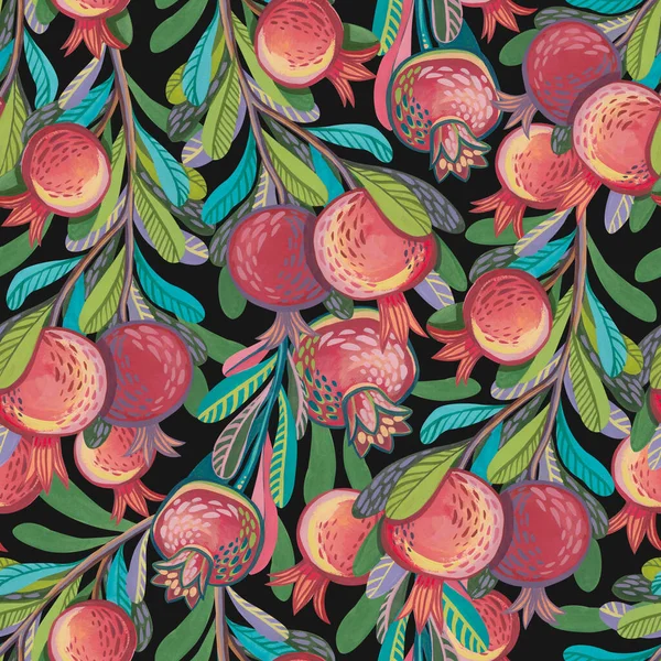 Seamless Pattern Stylized Decorative Branches Hand Drawn Gouache Pomegranates Stockbild