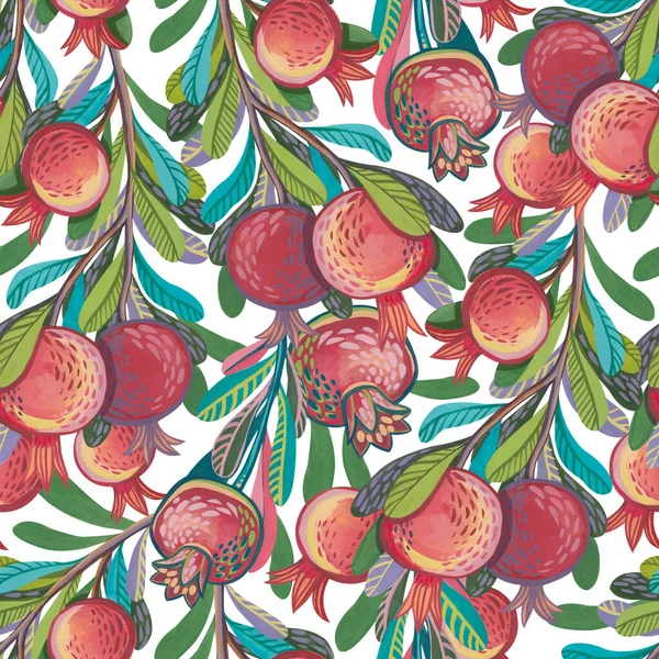 Seamless Pattern Stylized Decorative Branches Hand Drawn Gouache Pomegranates Stock Fotografie