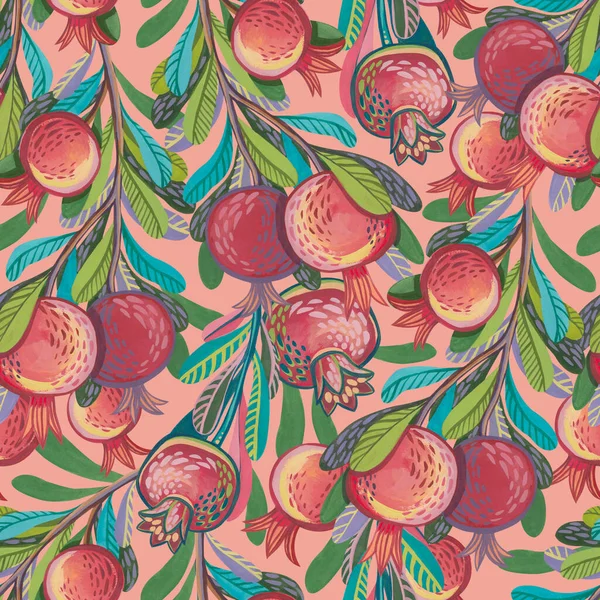 Seamless Pattern Stylized Decorative Branches Hand Drawn Gouache Pomegranates Royaltyfria Stockbilder