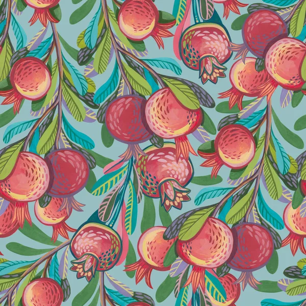 Seamless Pattern Stylized Decorative Branches Hand Drawn Gouache Pomegranates Stock Obrázky