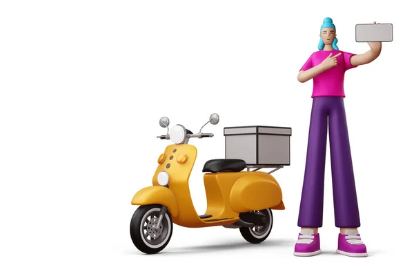 Delivery man with Phone and a motorcycle, 3d rendering