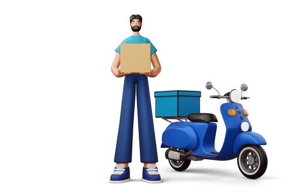 Pengiriman Pria Dengan Kotak Paket Dan Sepeda Motor Rendering — Stok Foto