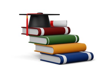 Diplomalı mezuniyet şapkası ve renkli bir kitap.