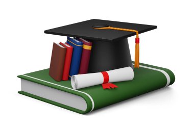 Diplomalı mezuniyet şapkası ve renkli bir kitap.