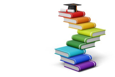 Diplomalı mezuniyet şapkası ve renkli bir kitap.