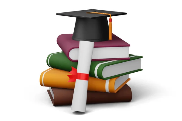 Graduation Cap Diploma Colorful Book Rendering — Stock Photo, Image