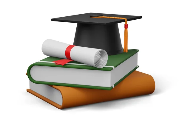 Diplomalı mezuniyet şapkası ve renkli bir kitap.