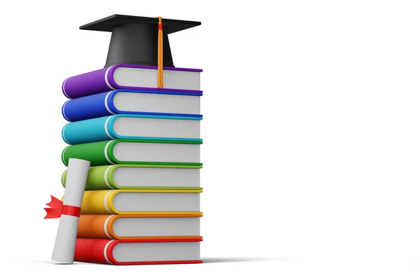 Graduation Cap Diploma Colorful Book Rendering — Stock Photo, Image