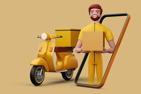 Entrega Hombre Con Caja Paquete Una Motocicleta Renderizado Imagen De Stock