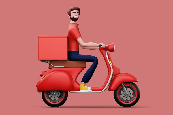 Homem Entrega Montando Uma Motocicleta Com Caixa Entrega Renderização Imagem De Stock
