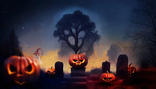 Mezarlıktaki Balkabakları Cadılar Bayramı Arka Planı Illüstrasyon — Stok fotoğraf