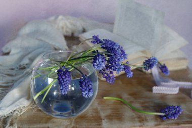 Su dolu bir vazoda mavi renkli bahar çiçekleriyle sakin bir hayat..