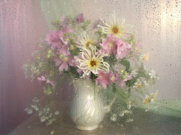 Bloemen Met Regendruppels Het Glas — Stockfoto