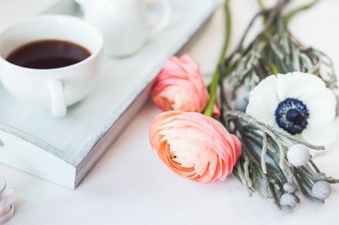 . Ahşap arka planda şirin bir model. Düz üst görünüm.