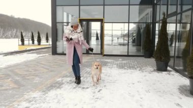 Kış günü güzel bir köpek gezdiren bir kadın.