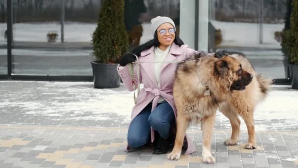 Frau spaziert an Wintertag mit Hund im Freien — Stockvideo