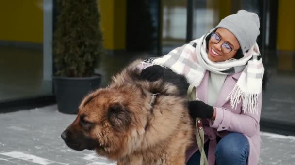 Frau spaziert an Wintertag mit Hund im Freien — Stockvideo