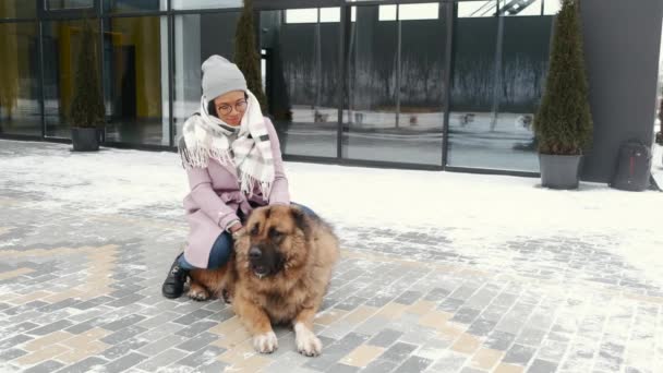 冬日在户外遛狗的女人 — 图库视频影像