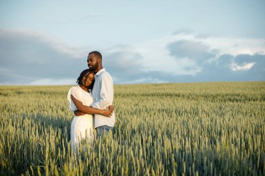 Mutlu romantik çift yaz tarlasında sarılıyor.