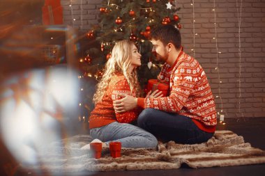 Noel ağacının yanında oturan sevimli bir çift.