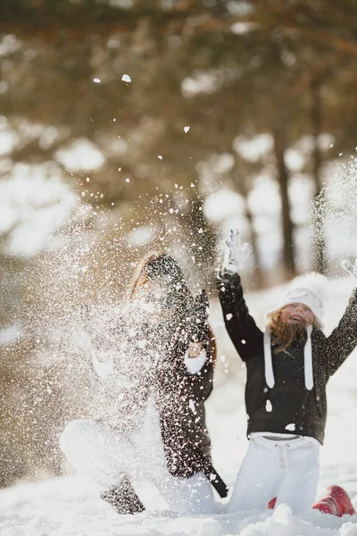 Мати і дитина в зимовому одязі грають в зимовому парку — стокове фото