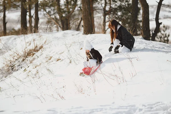 Mãe e criança em roupas de inverno brincam no parque de inverno — Fotografia de Stock