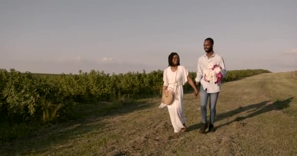 Black newlyweds walking with bouquet in nature — Wideo stockowe