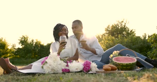 Black loving couple drinking wine on summer picnic — Stock video