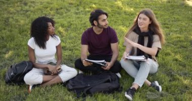 Students sitting on a lawn with books and learning