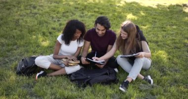 Students sitting on a lawn with books and learning