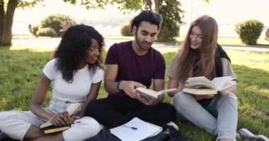 Students sitting on a lawn with books and learning