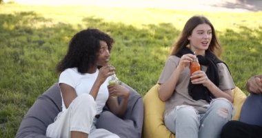 Multi ethnic students having lunch at park