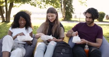 Multi ethnic students having lunch at park