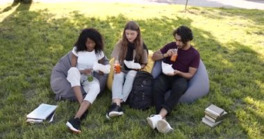 Multi ethnic students having lunch at park