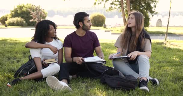 Students sitting on a lawn with books and learning — Stok Video