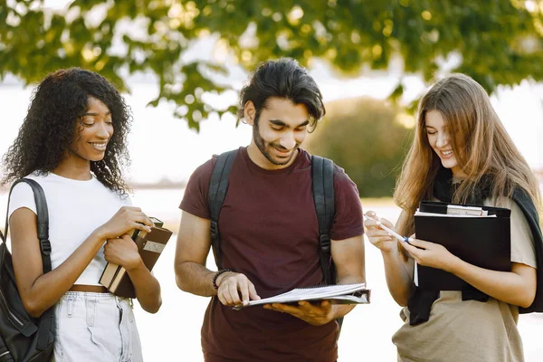 Three international students standing in a park and holding a books — Stock fotografie