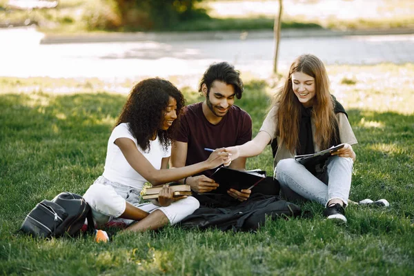 Three international students sitting on a grass in a park and holding a books — Zdjęcie stockowe