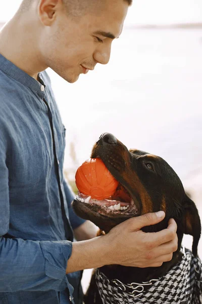 Чоловік з ротвейлером собака грає разом біля озера — стокове фото