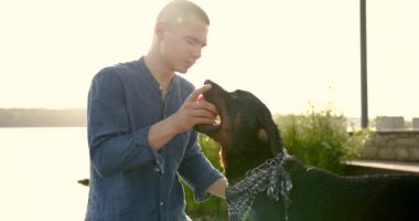 Man hugging and playing with rottweiler dog
