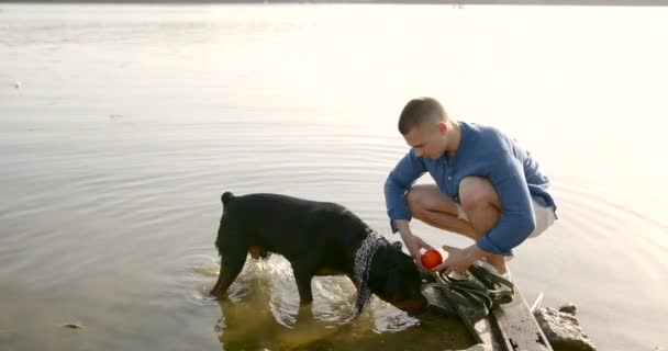 Young man playing with dog standing on lake — Vídeo de stock