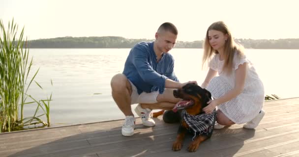 Loving young couple with a dog by lake — kuvapankkivideo